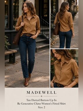 Madewell Tan Darted Button-Up In Re Generative Chino Women’s Fitted Shirt Sz 2